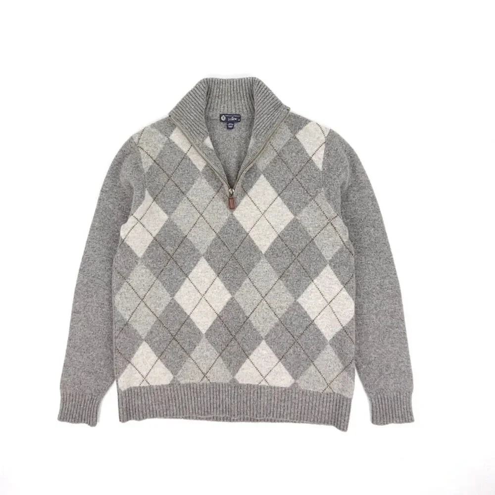 J CREW 100% Lambs Wool 1/4 Zip Sweater Argyle Old Money Preppy Quiet Luxury Golf